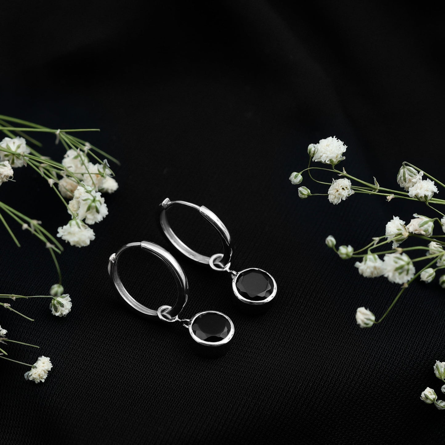 Bezel Set Black Onyx Hinged Hoop Drop Earrings