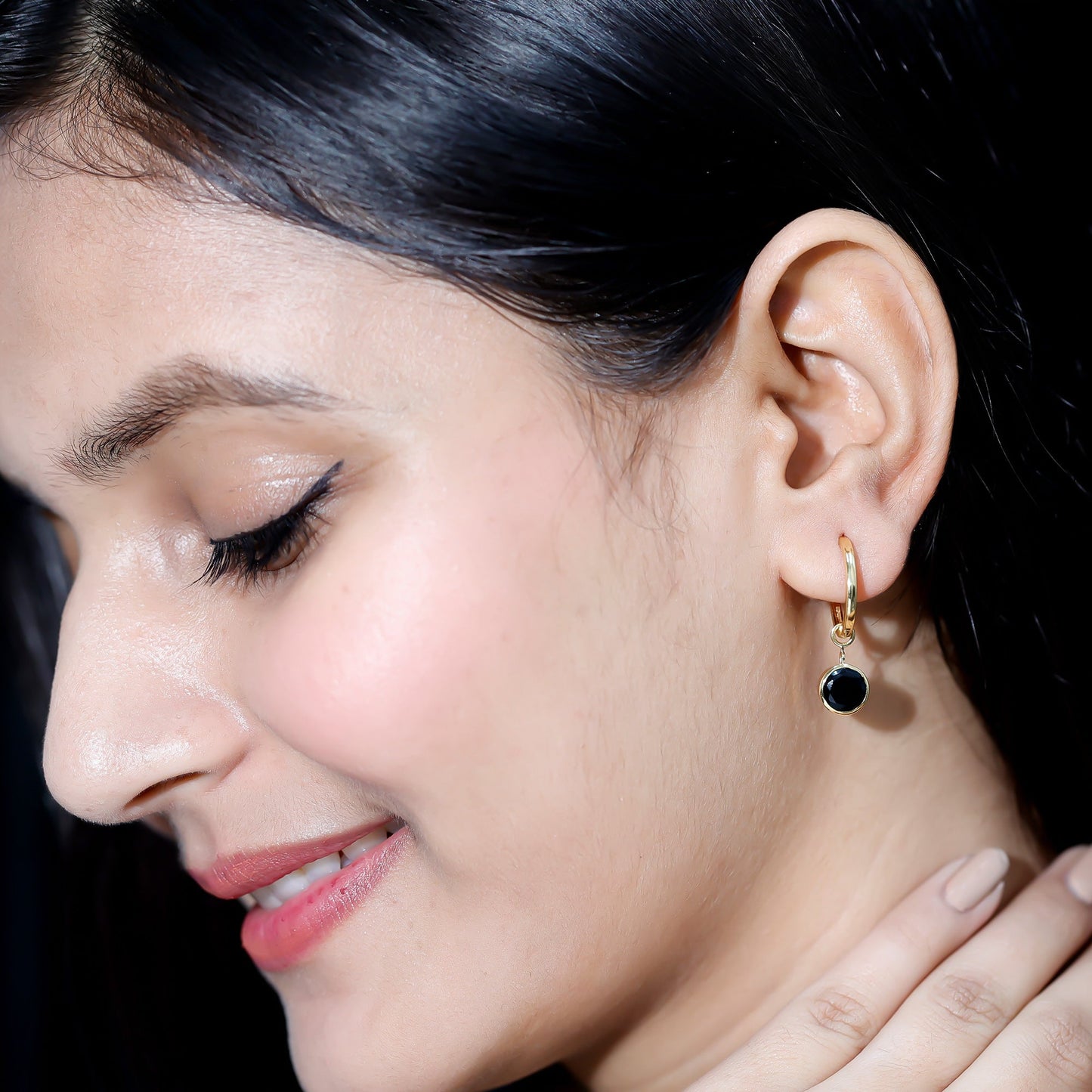 Bezel Set Black Onyx Hinged Hoop Drop Earrings