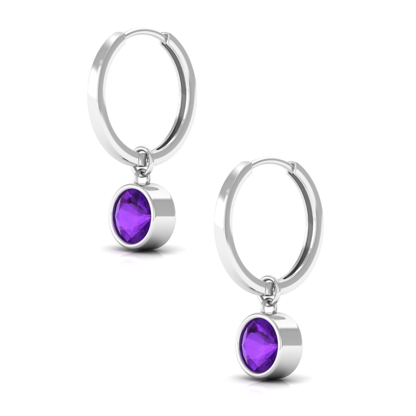 Certified Natural Amethyst Hoop Drop Earrings in Bezel Setting