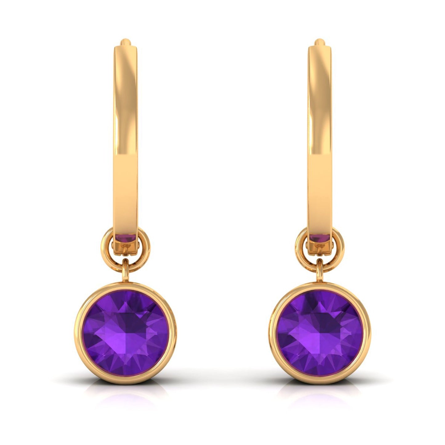 Certified Natural Amethyst Hoop Drop Earrings in Bezel Setting