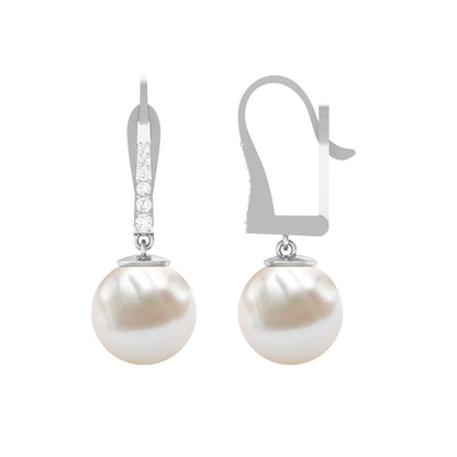 Simple Freshwater Pearl and Diamond Drop Earrings with Lever Back