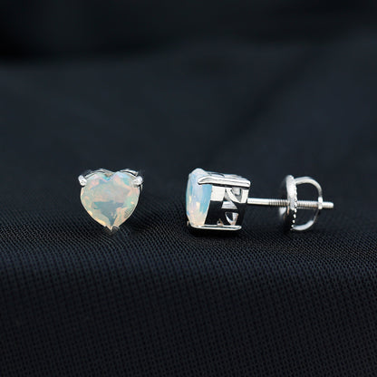 1.5 Carat Heart Shape Real Ethiopian Opal Stud Earrings