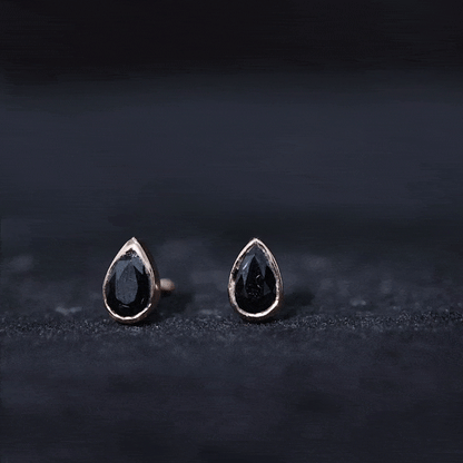 Genuine Black Onyx Teardrop Stud Earrings in Bezel Set