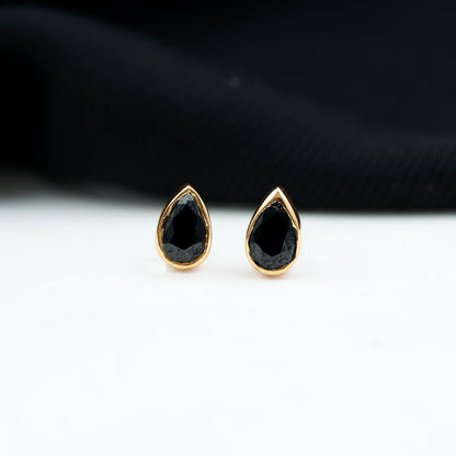 Genuine Black Onyx Teardrop Stud Earrings in Bezel Set