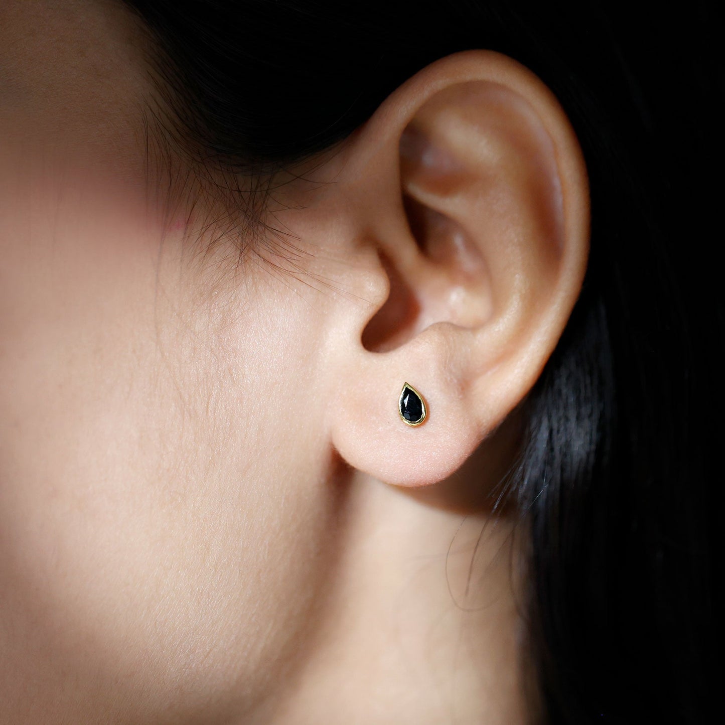 Genuine Black Onyx Teardrop Stud Earrings in Bezel Set