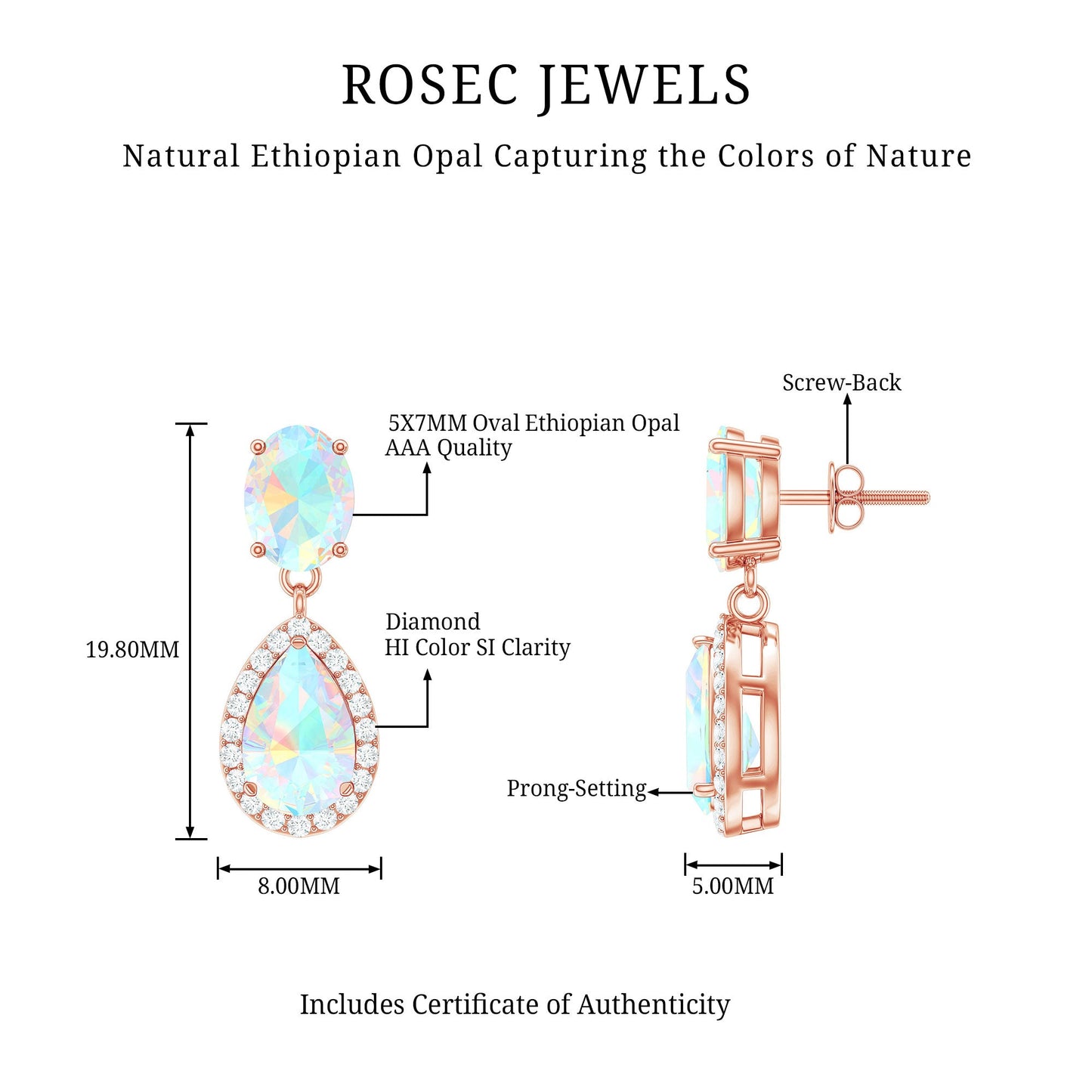 Genuine 1.8 Carat Ethiopian Opal Drop Dangle Earrings with Diamond Halo