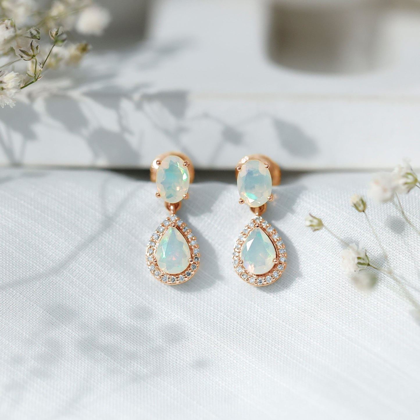 Genuine 1.8 Carat Ethiopian Opal Drop Dangle Earrings with Diamond Halo