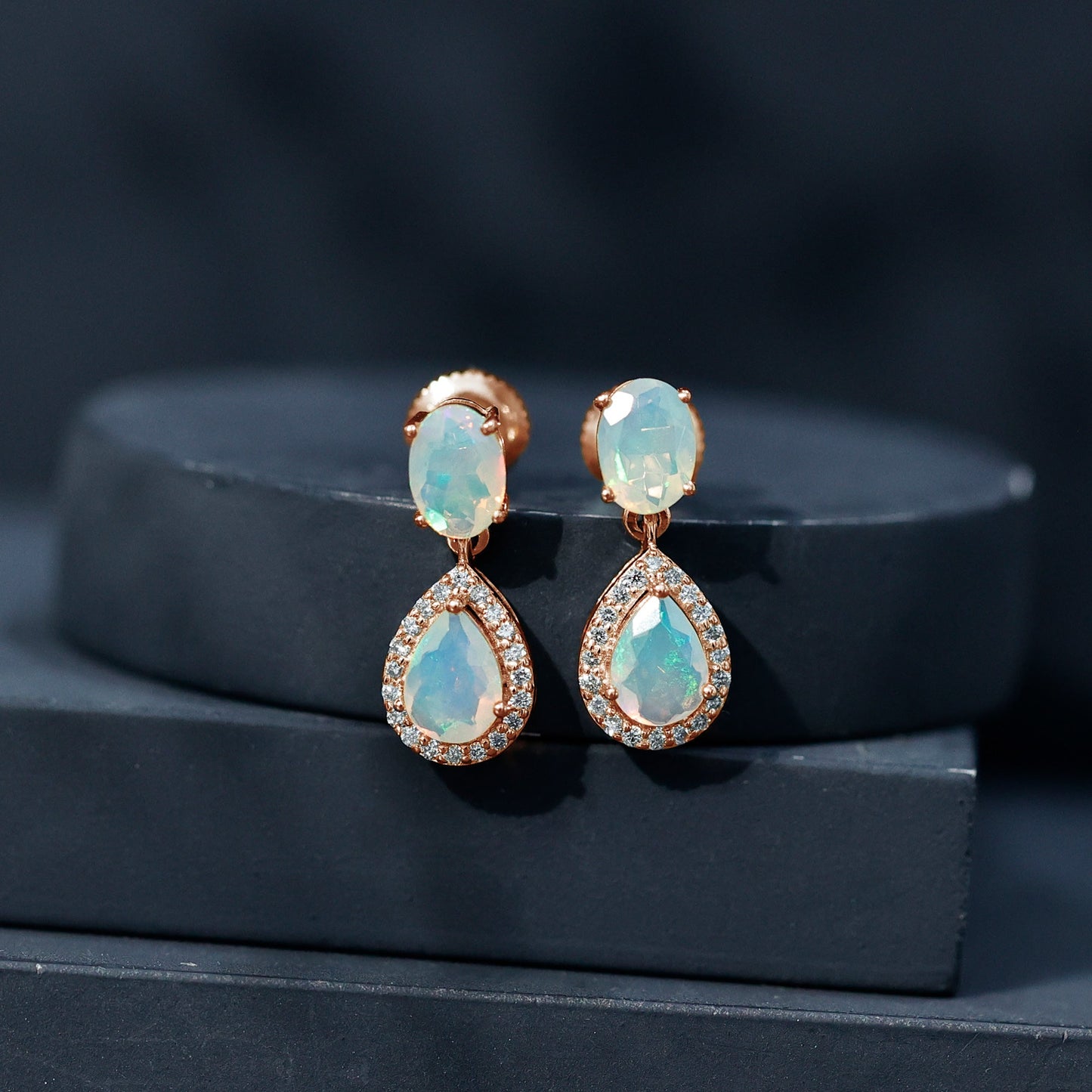 Genuine 1.8 Carat Ethiopian Opal Drop Dangle Earrings with Diamond Halo