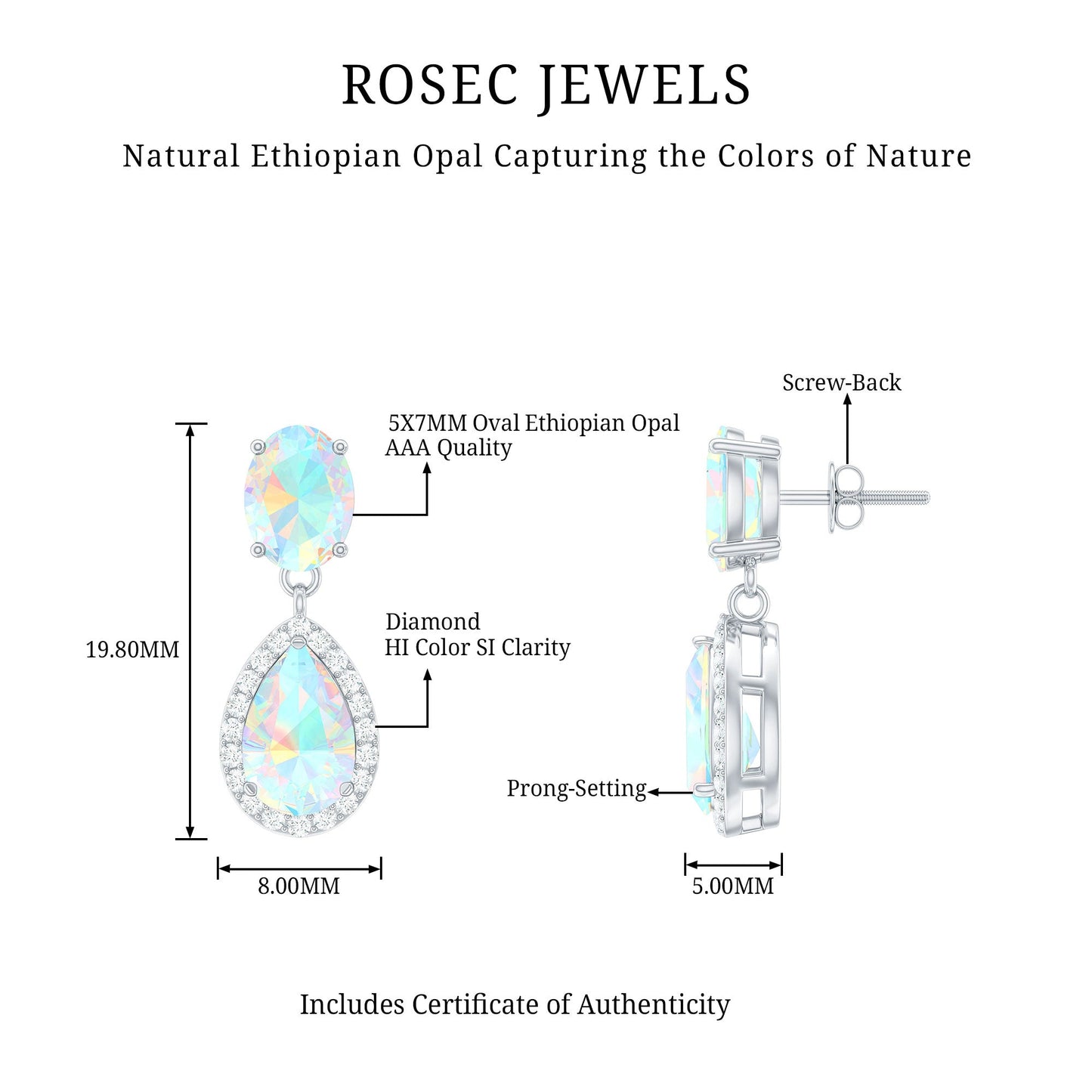 Genuine 1.8 Carat Ethiopian Opal Drop Dangle Earrings with Diamond Halo