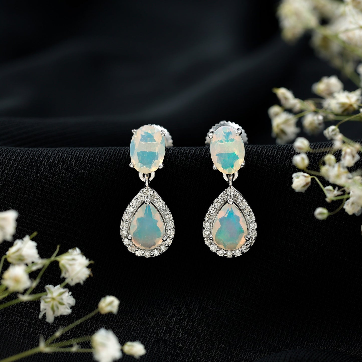 Genuine 1.8 Carat Ethiopian Opal Drop Dangle Earrings with Diamond Halo