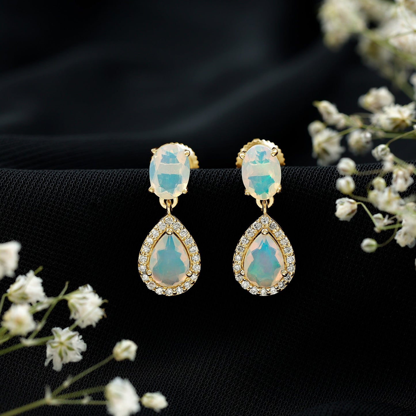 Genuine 1.8 Carat Ethiopian Opal Drop Dangle Earrings with Diamond Halo