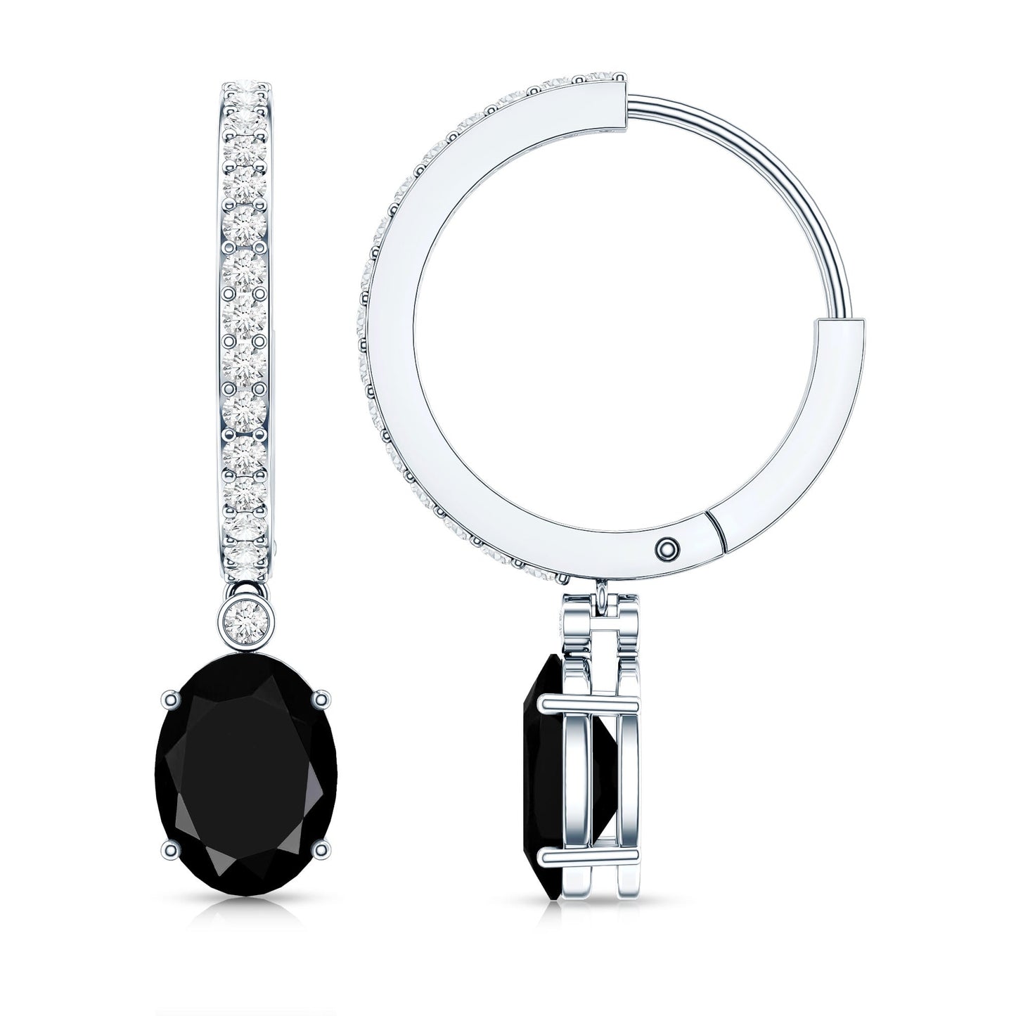 Natural 2.2 Carat Oval Black Onyx Hoop Drop Earrings with Diamond