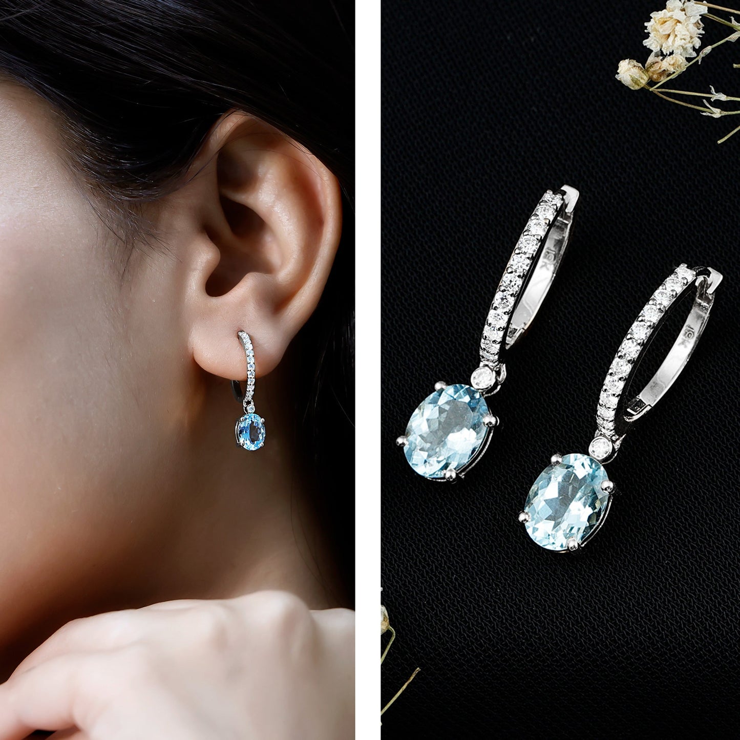 Genuine 2.2 Carat Oval Cut Aquamarine Hoop Drop Earrings with Diamond