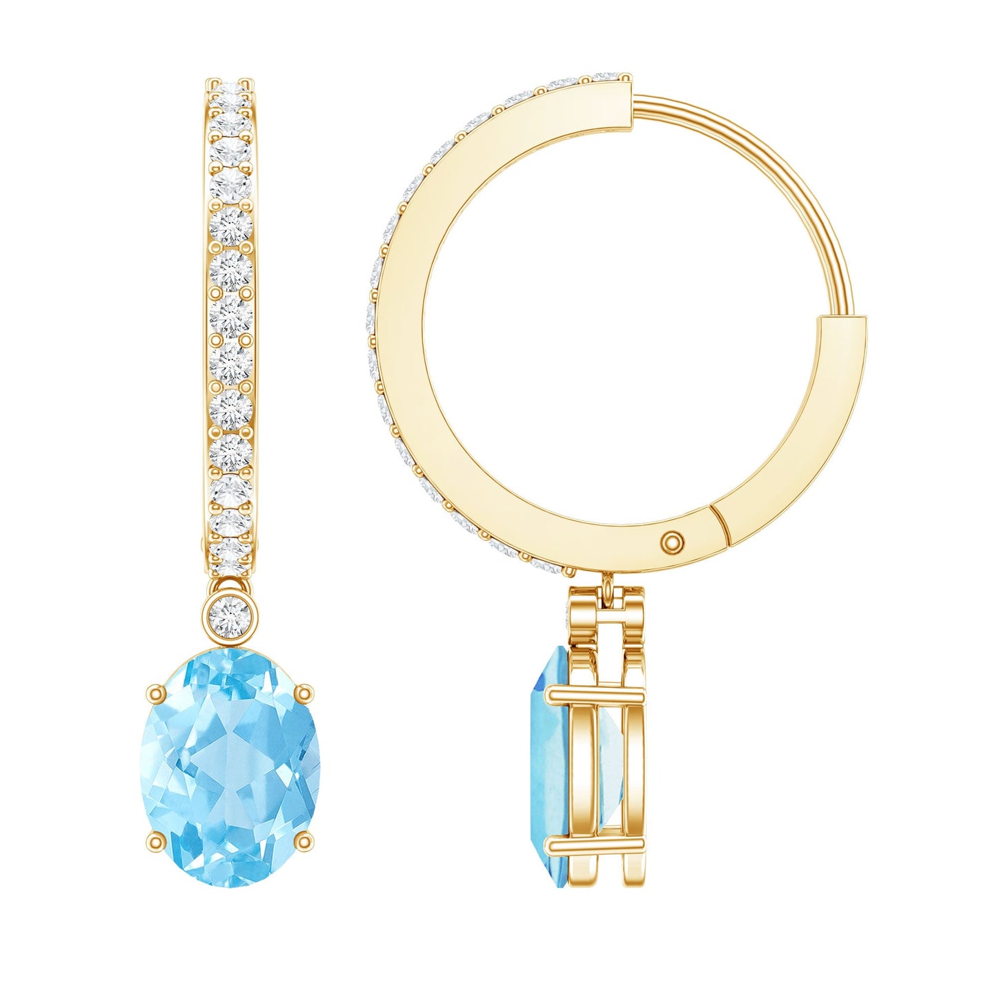 Genuine 2.2 Carat Oval Cut Aquamarine Hoop Drop Earrings with Diamond