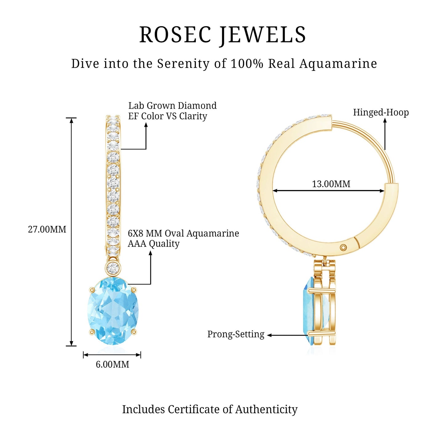 Genuine 2.2 Carat Oval Cut Aquamarine Hoop Drop Earrings with Diamond