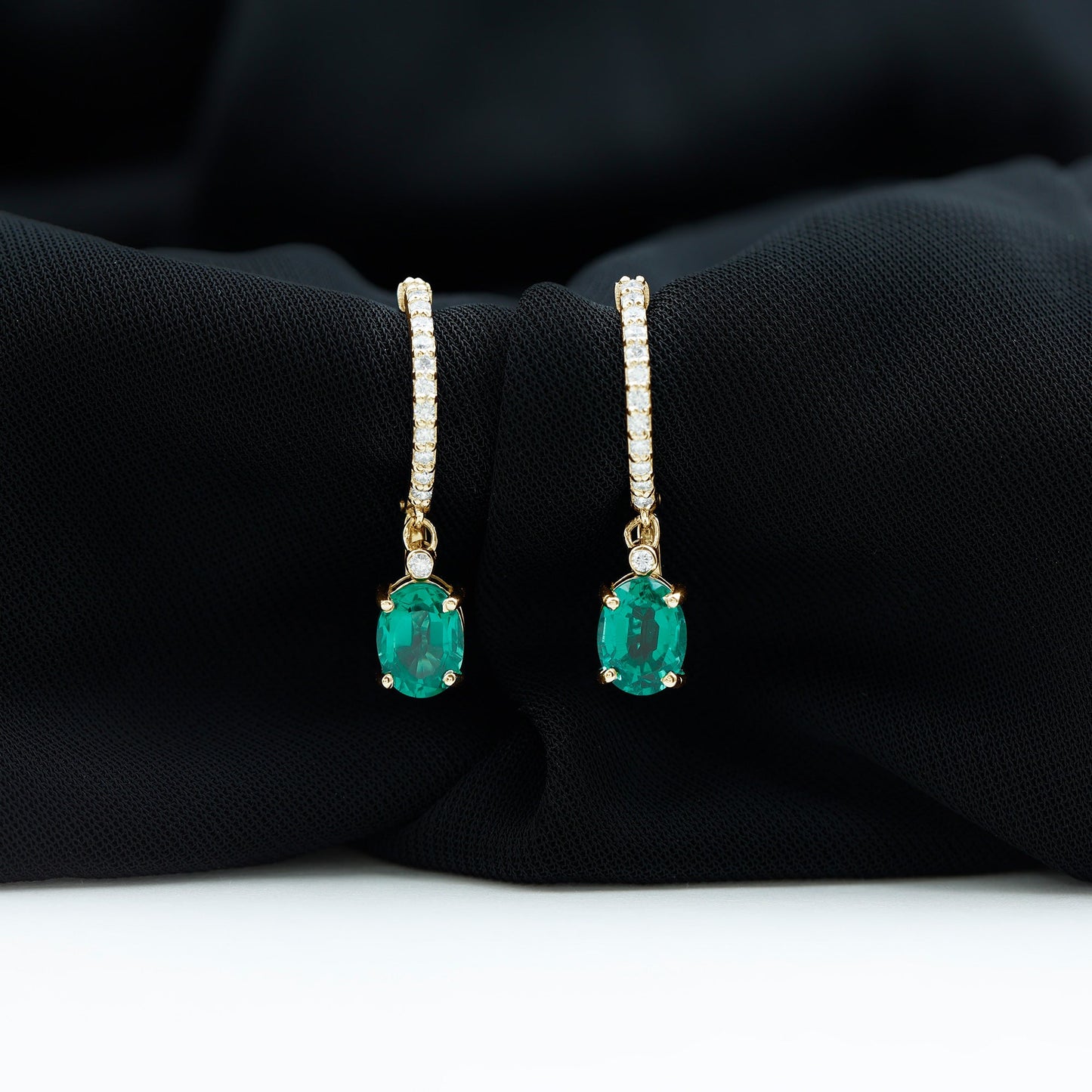 2.5 Carat Oval Cut Lab Grown Emerald and Diamond Hoop Earrings