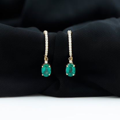 2.5 Carat Oval Cut Lab Grown Emerald and Diamond Hoop Earrings