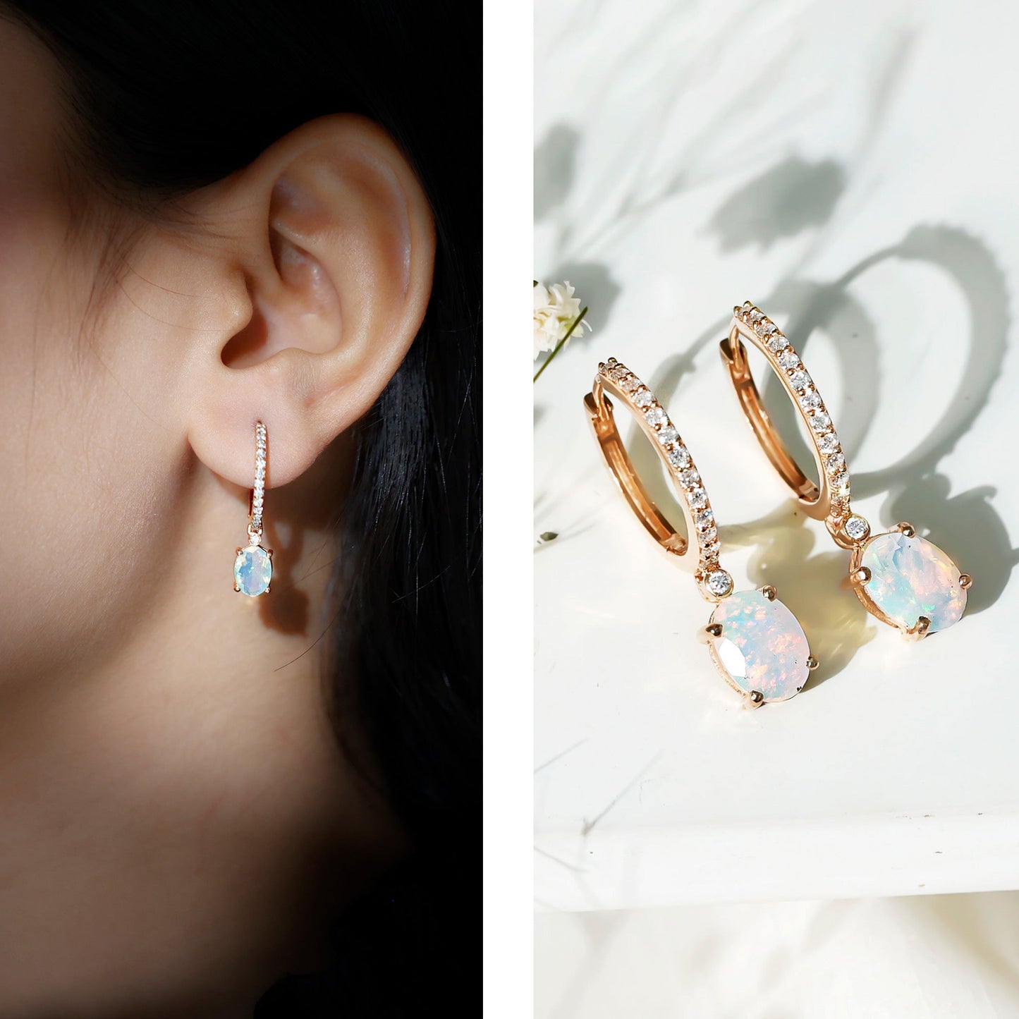Oval Ethiopian Opal Drop Earrings with Moissanite Hoop