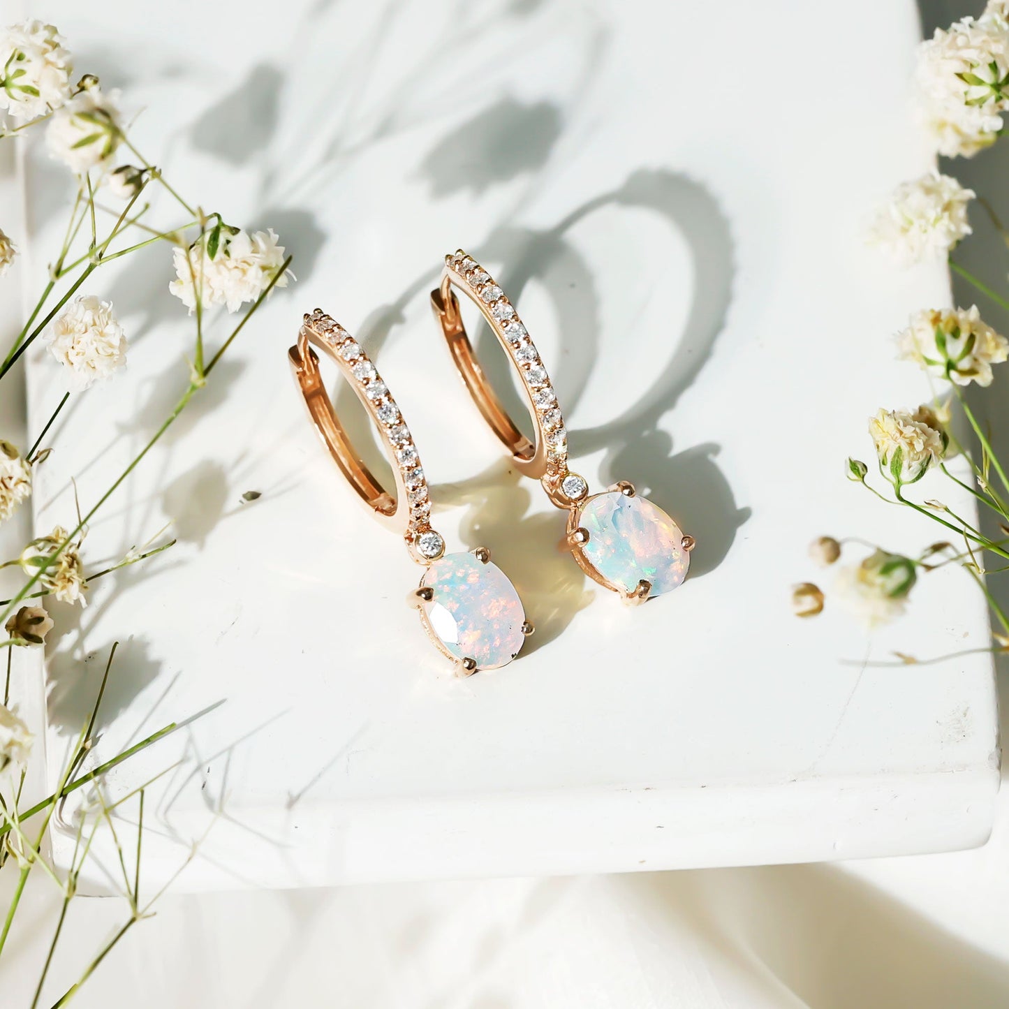 Oval Ethiopian Opal Drop Earrings with Moissanite Hoop