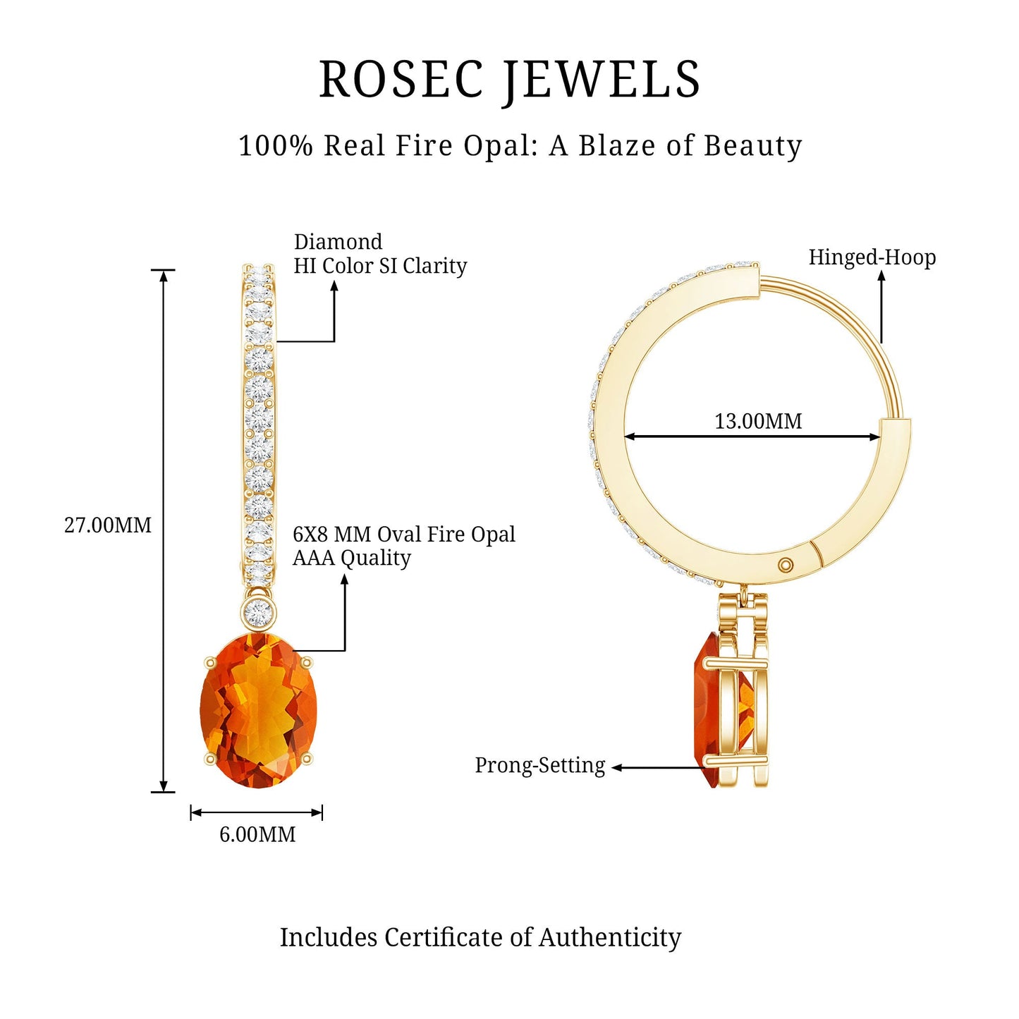Certified Real Oval Fire Opal Hoop Earrings with Diamond
