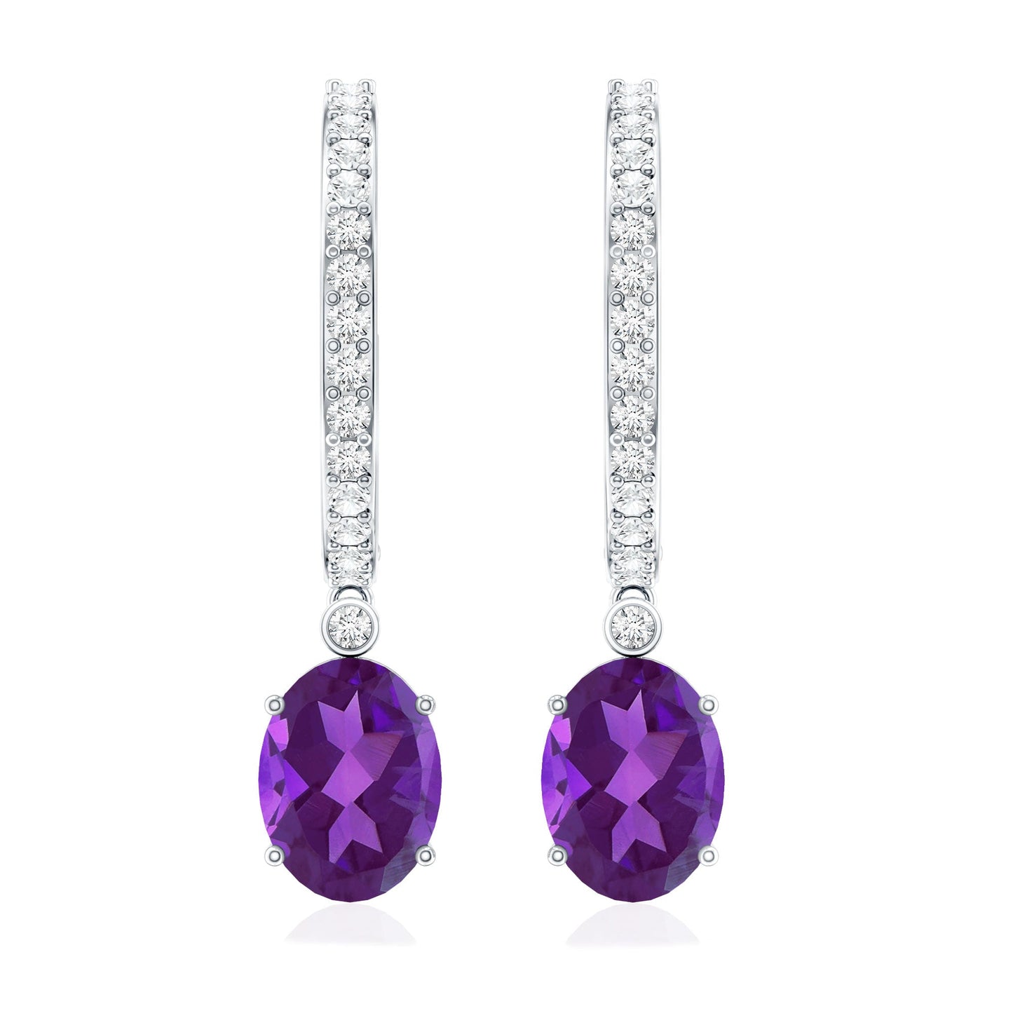 Real 2.2 Carat Oval Amethyst Diamond Hoop Earrings With Diamonds