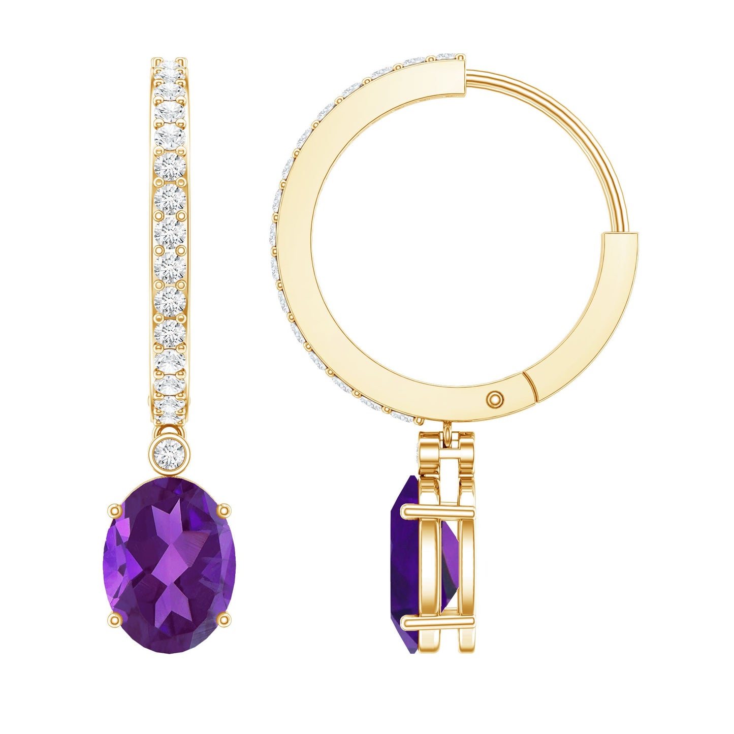Real 2.2 Carat Oval Amethyst Diamond Hoop Earrings With Diamonds