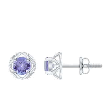 Round Tanzanite Solitaire Flower Stud Earrings