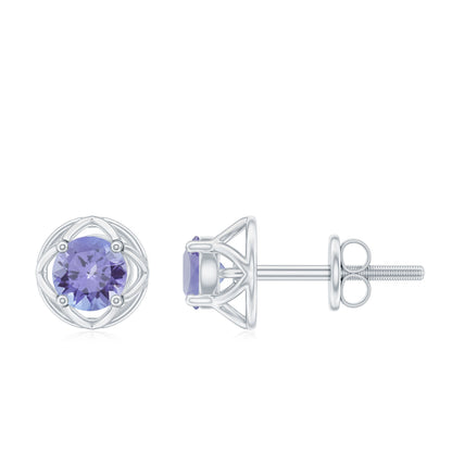 Round Tanzanite Solitaire Flower Stud Earrings
