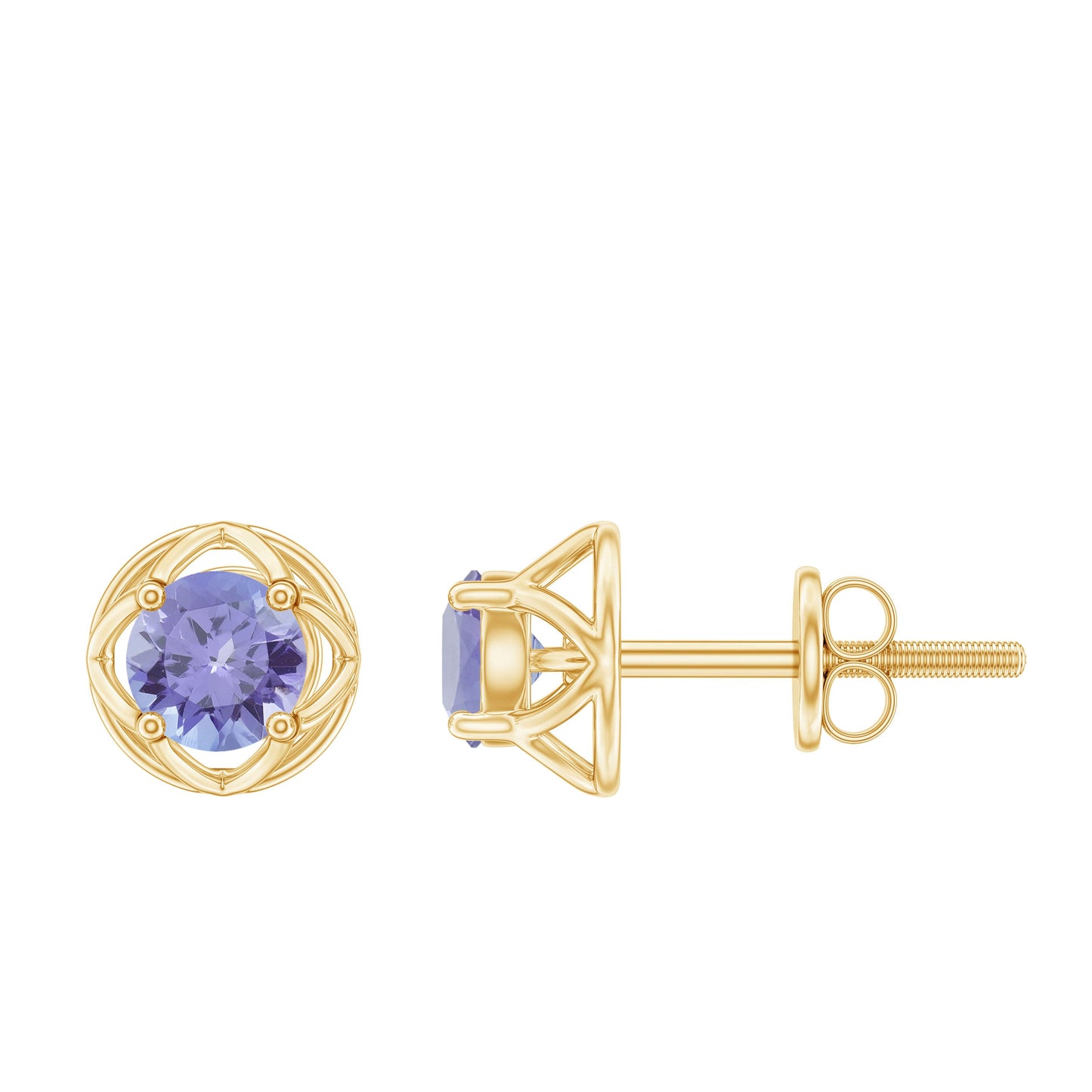 Round Tanzanite Solitaire Flower Stud Earrings