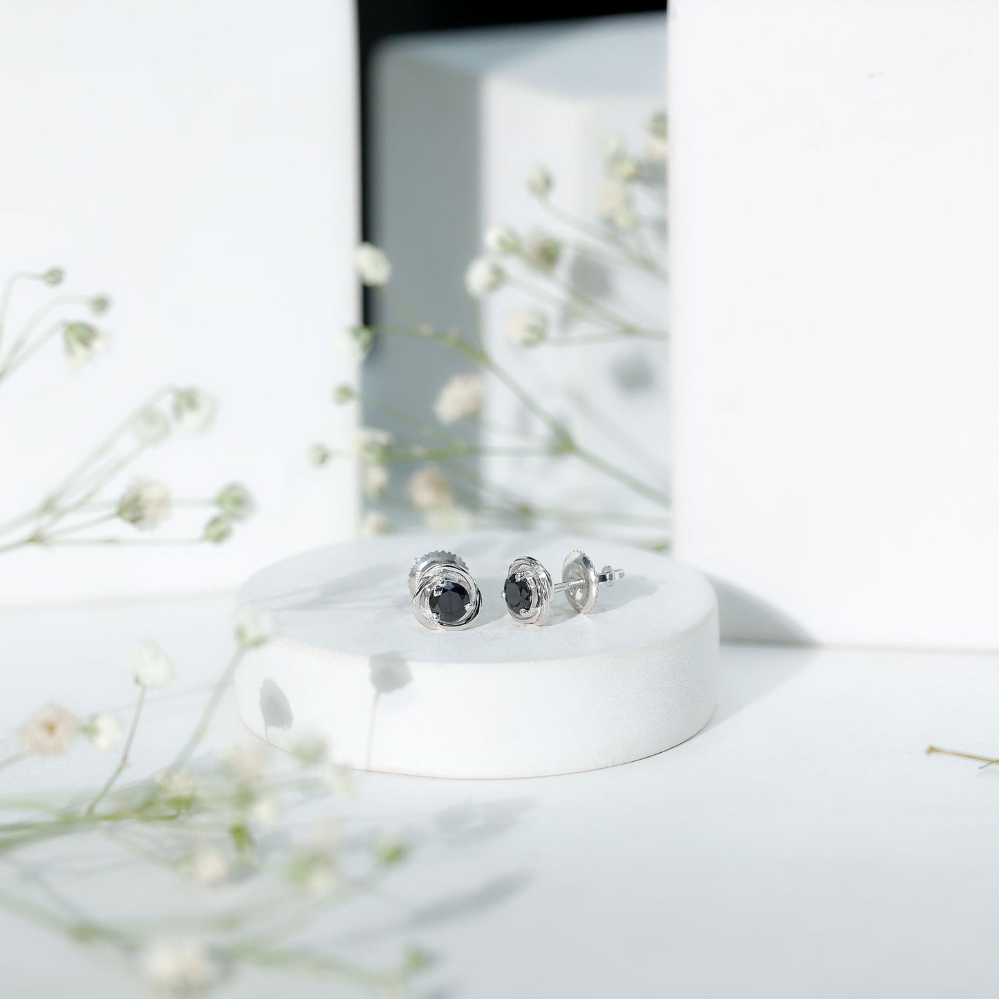 0.9 Carat Black Spinel Swirl Stud Earrings with Screw Backs