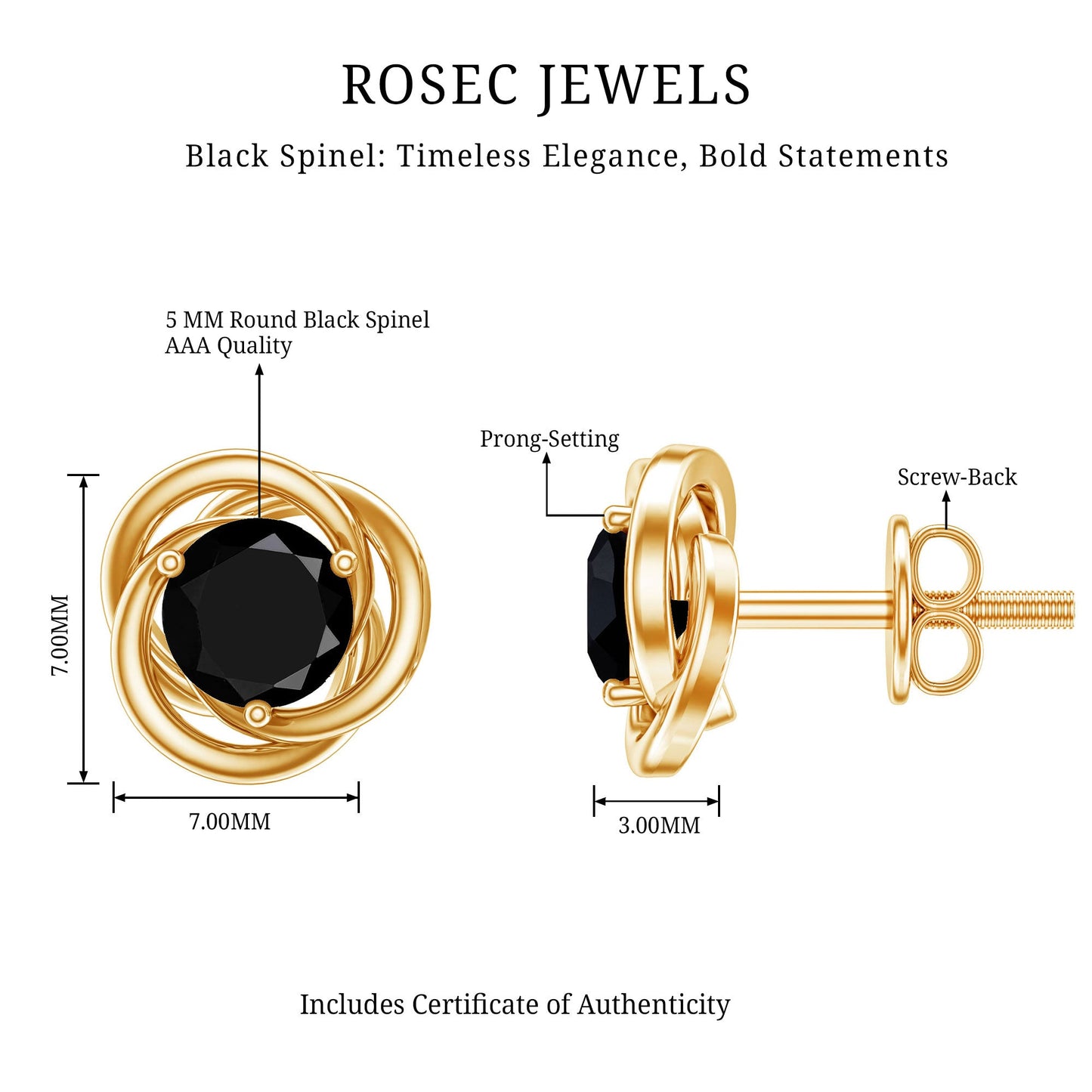 0.9 Carat Black Spinel Swirl Stud Earrings with Screw Backs