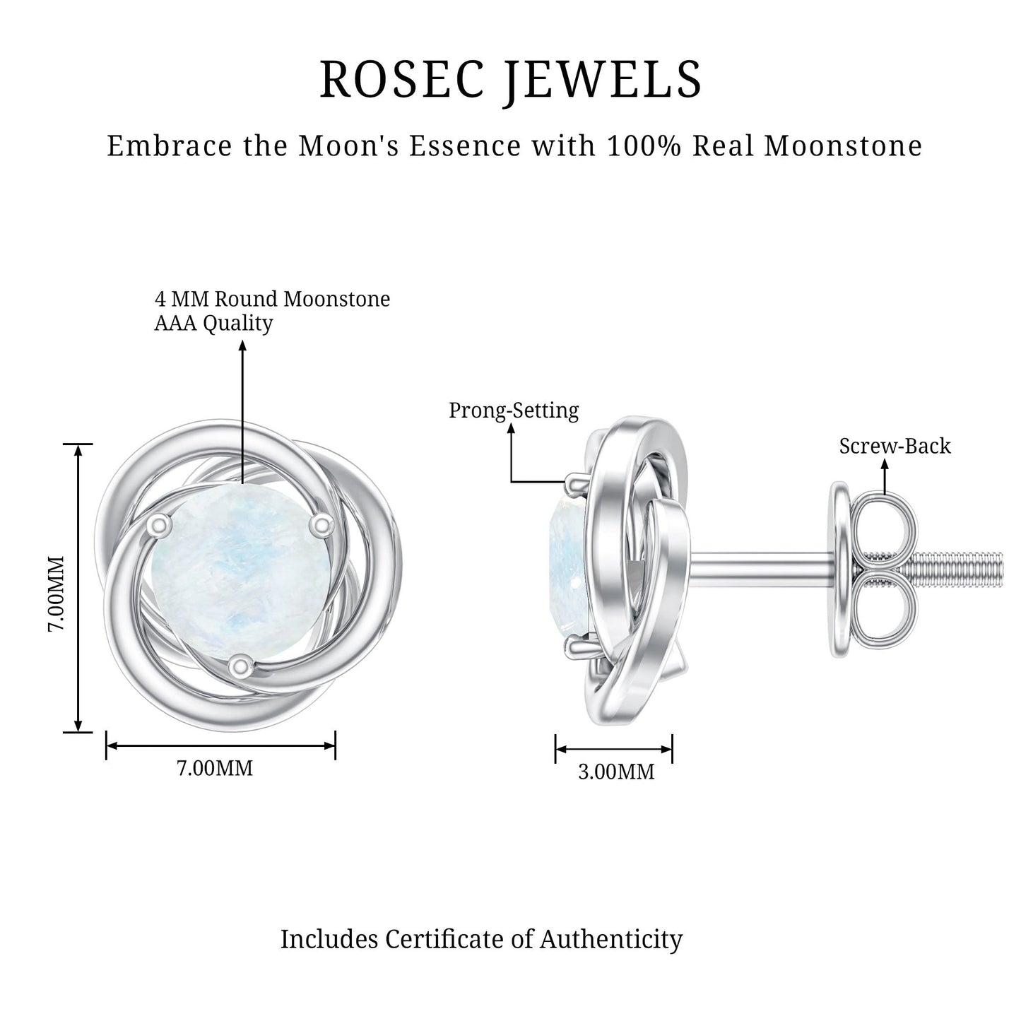 Solitaire Moonstone Swirl Stud Earrings with Certificate