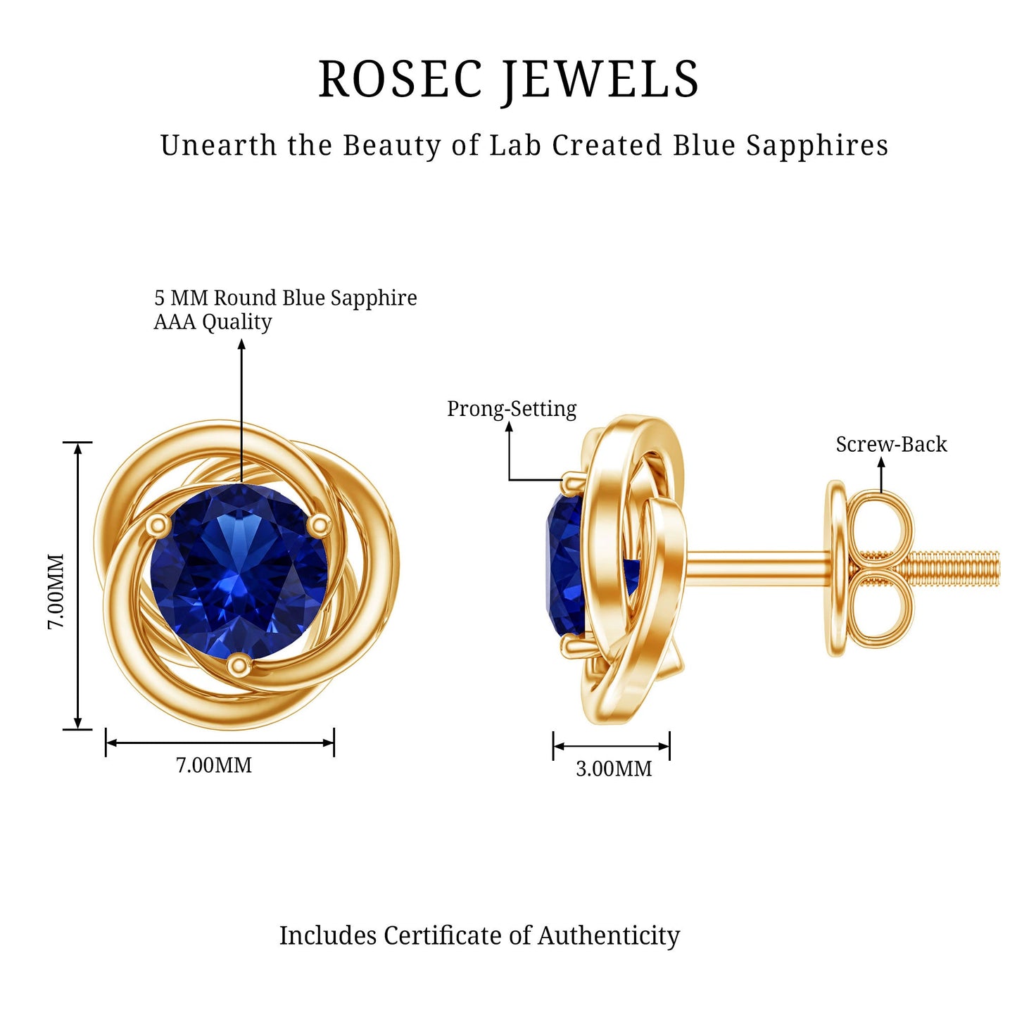 Created Blue Sapphire Solitaire Swirl Stud Earrings