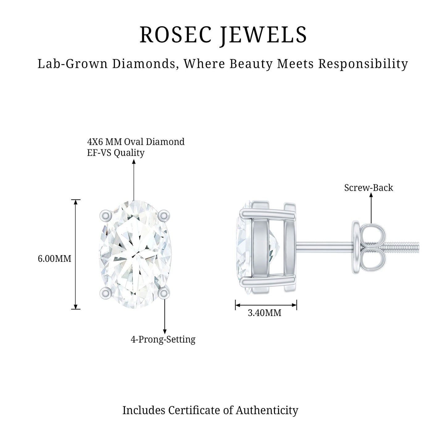 0.8 Carat Oval Shaped Lab Grown Diamond Solitaire Stud Earrings