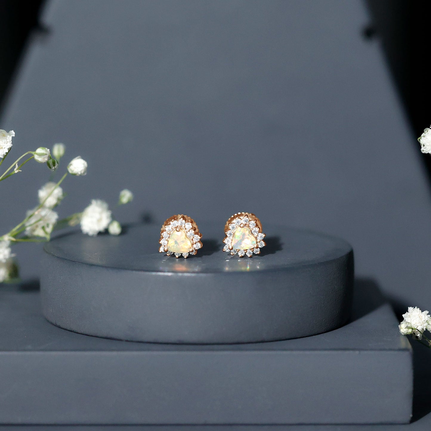 1.5 Carat Natural Ethiopian Opal Heart Earrings with Diamond Halo