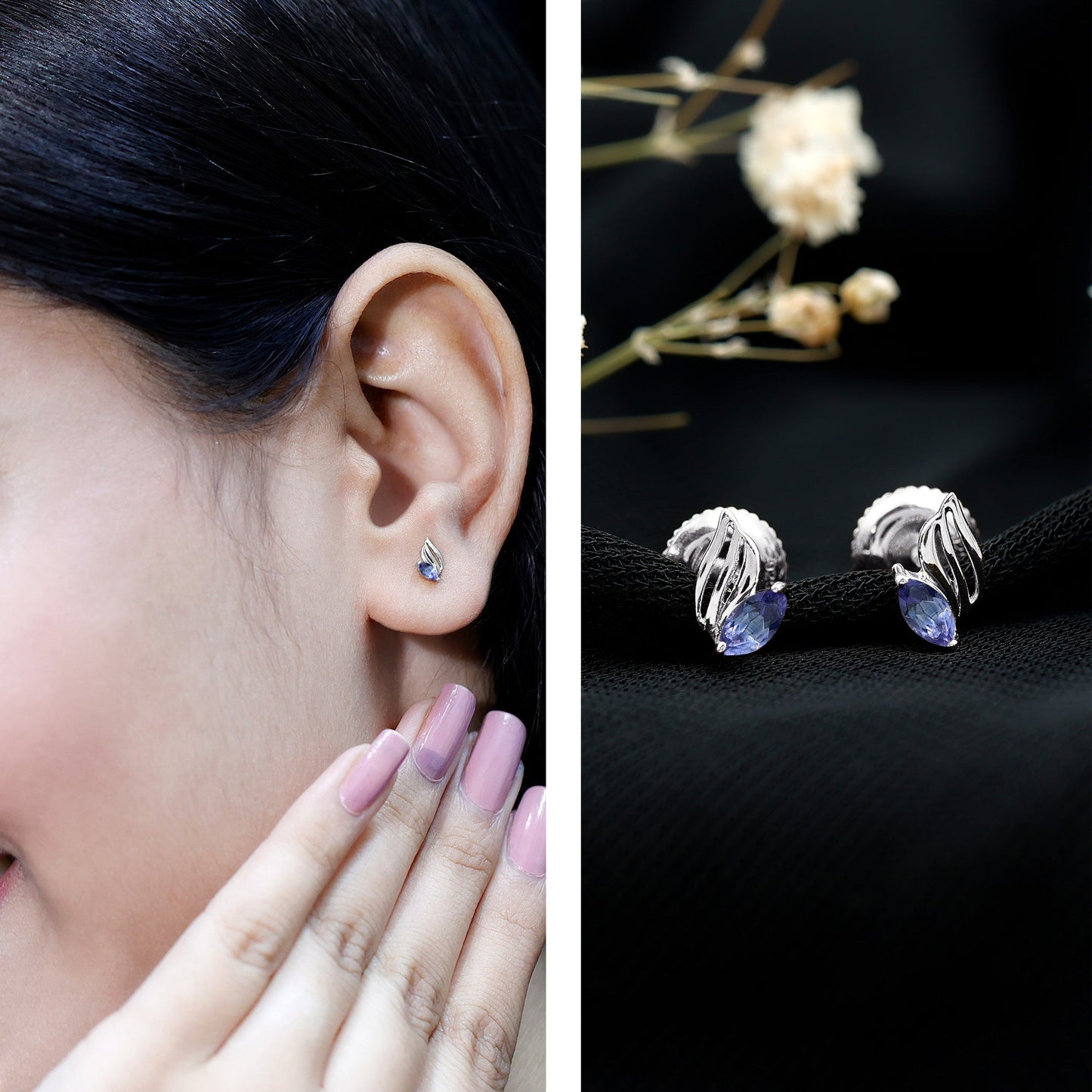 Natural Marquise Tanzanite Leaf Earrings with Screw Back