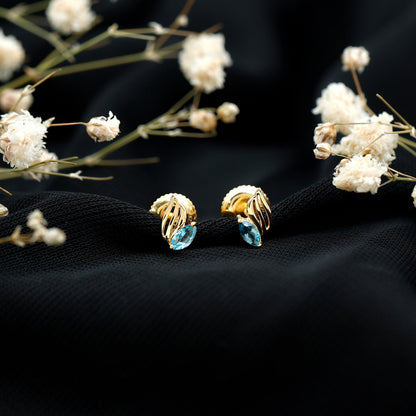 Natural Swiss Blue Topaz Leaf Earrings in Silver