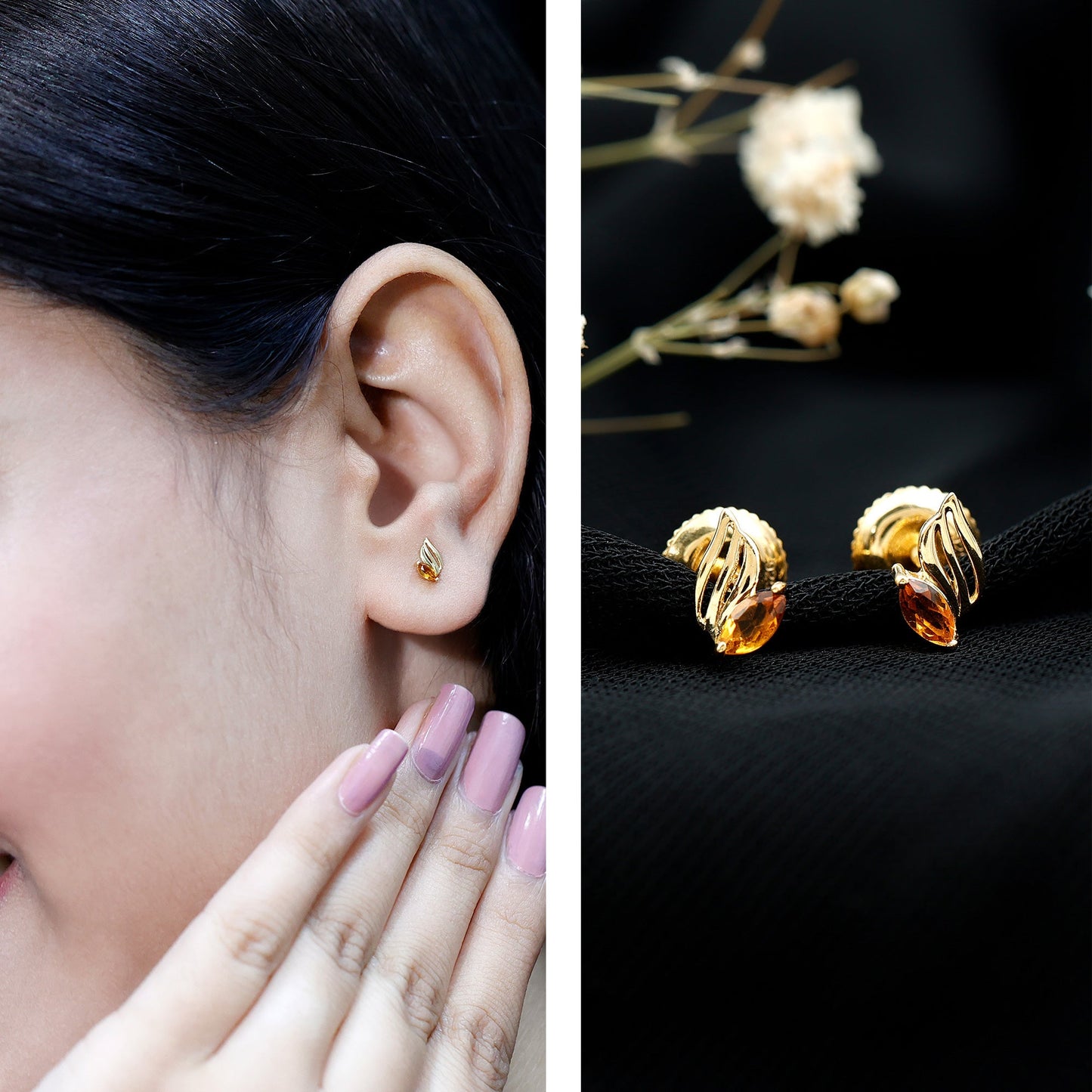 Nature Inspired Citrine Leaf Earrings in Gold Plated Silver