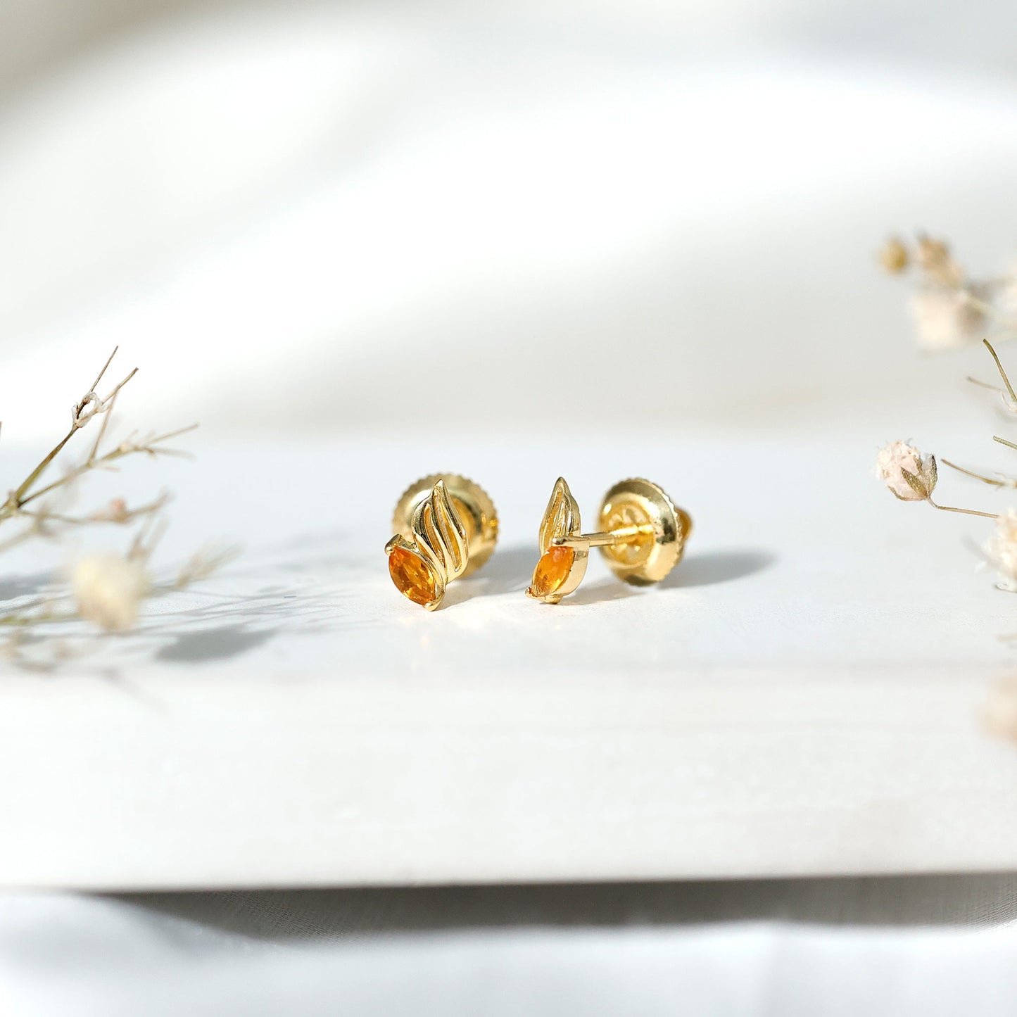 Nature Inspired Citrine Leaf Earrings in Gold Plated Silver