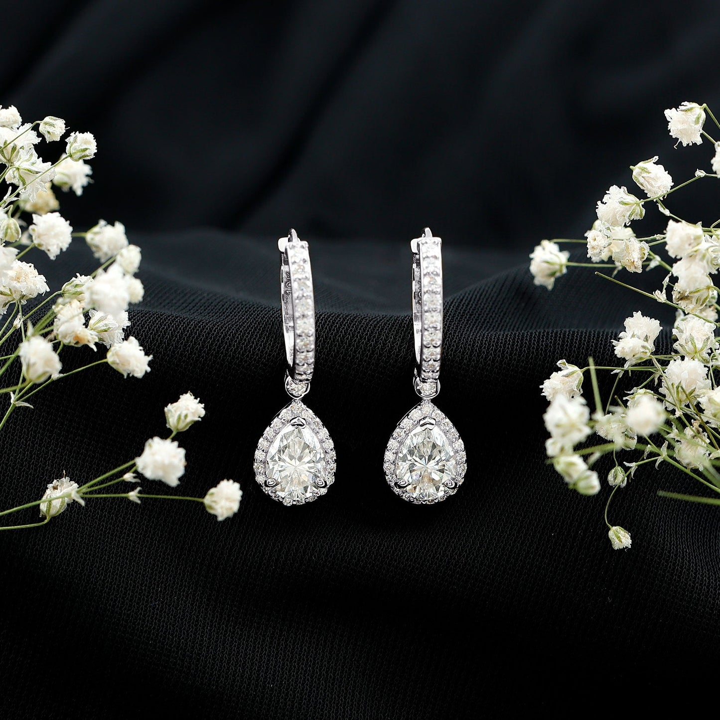 Certified Moissanite Teardrop Earrings with Hinged Hoop