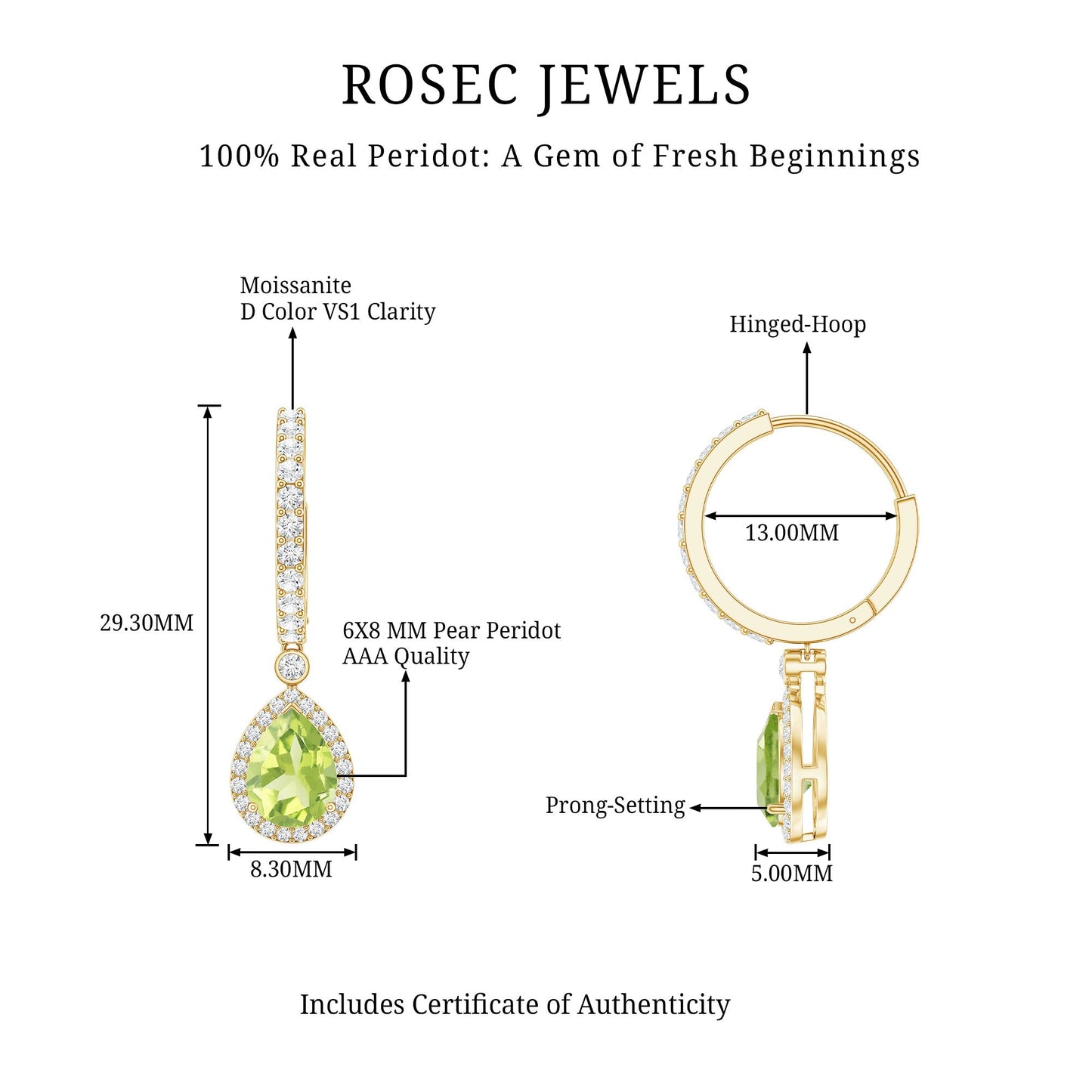Classic 2 Carat Peridot Teardrop Earrings with Moissanite Hinged Hoop