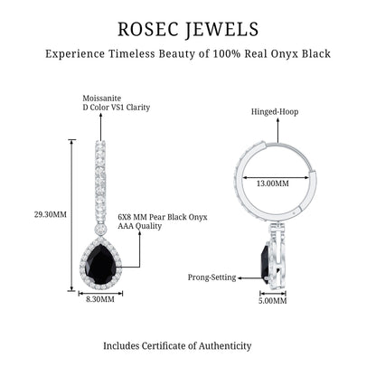 Natural Pear Shape Black Onyx Hoop Drop Earrings