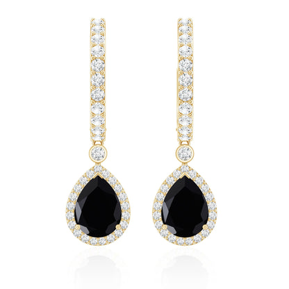 Natural Pear Shape Black Onyx Hoop Drop Earrings