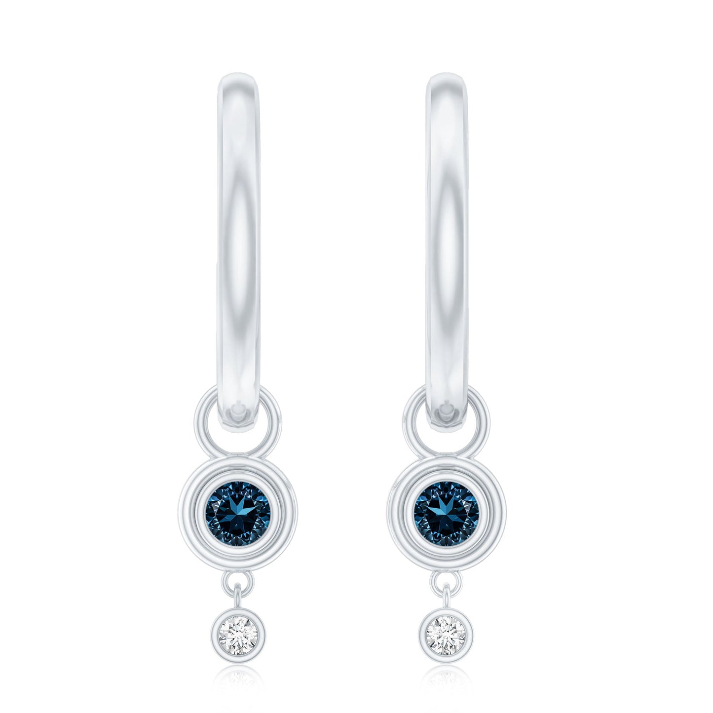 Bezel Set London Blue Topaz and Lab Diamond Hoop Drop Earrings