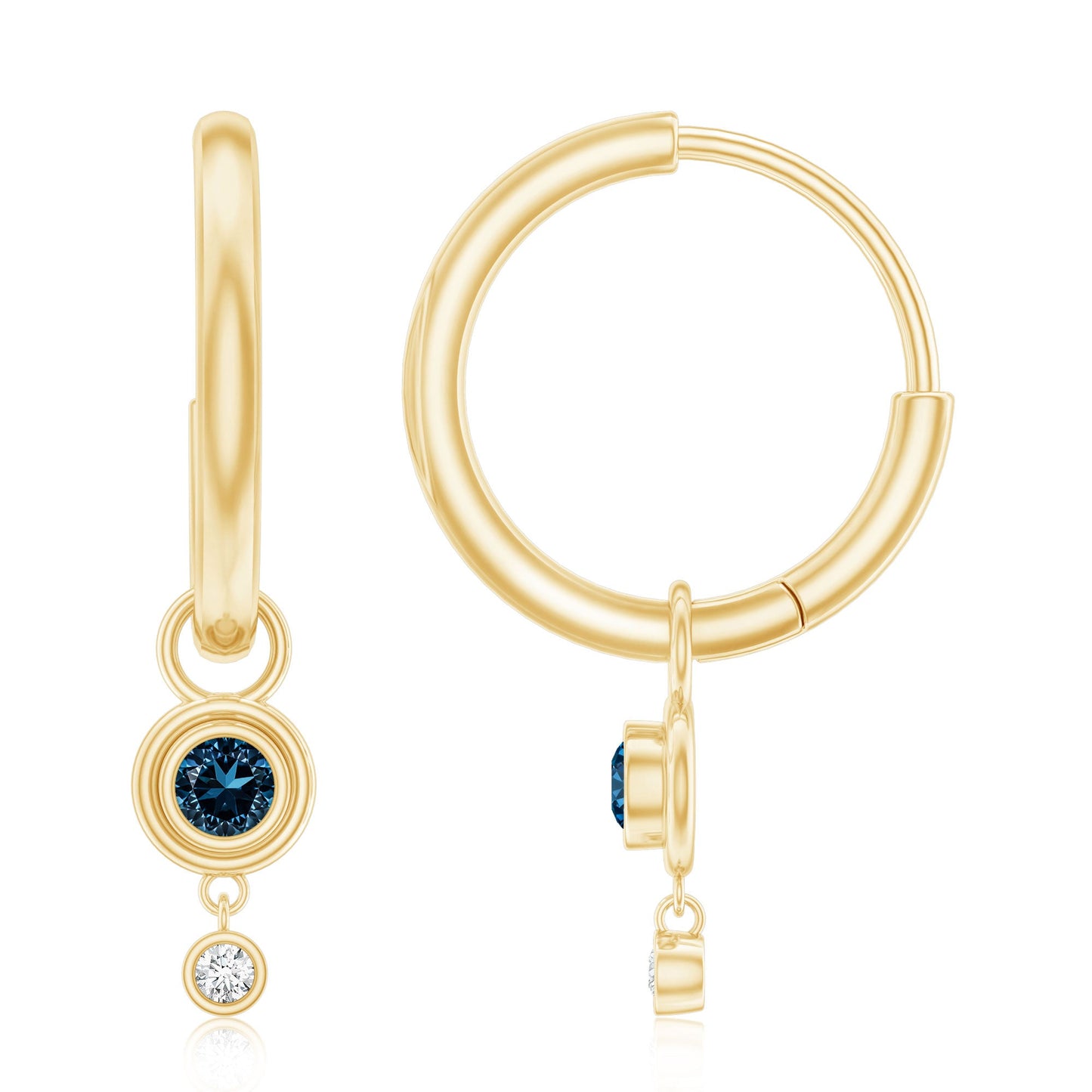 Bezel Set London Blue Topaz and Lab Diamond Hoop Drop Earrings