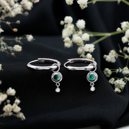 Certified Lab Grown Emerald and Diamond Drop Hoop Earrings