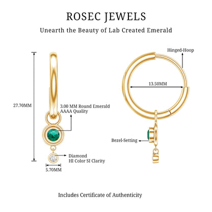 Certified Lab Grown Emerald and Diamond Drop Hoop Earrings