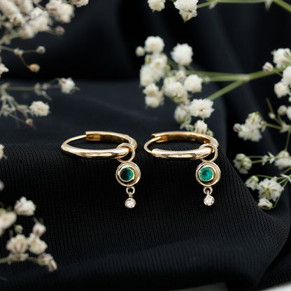 Certified Lab Grown Emerald and Diamond Drop Hoop Earrings