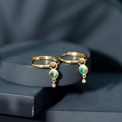 Certified Lab Grown Emerald and Diamond Drop Hoop Earrings