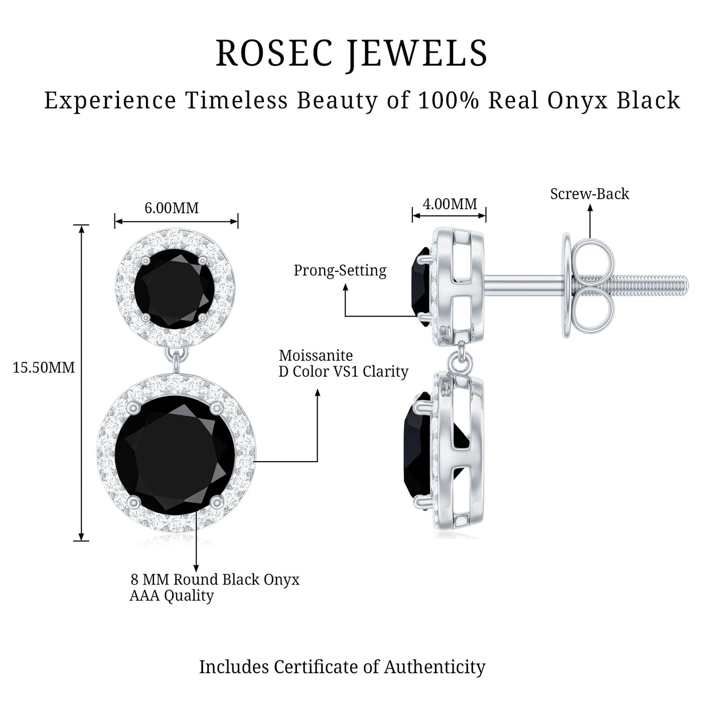 Natural Black Onyx and Moissanite Dangling Earrings